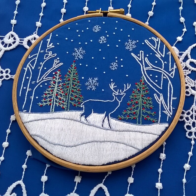 Deer snowy landscape traditional Embroidery Christmas hand Embroidery KIT christian styles hoop art needlework kit for Beginner image 7