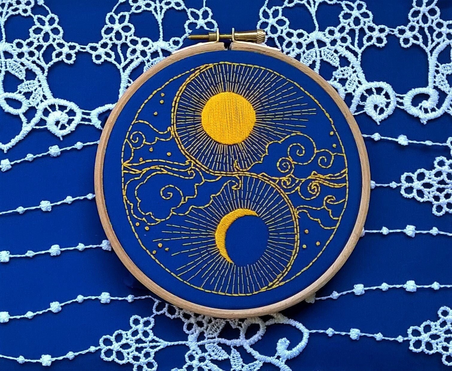 hand embroidery KIT -  Sun and Moon on blue background - beginner nee…