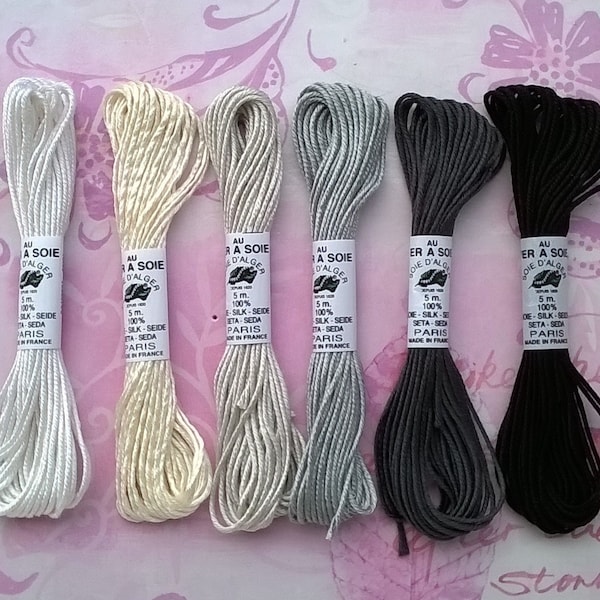 assortment of soie d'Alger - Au Ver à Soie -  6 shades of "black n white" - embroidery threads