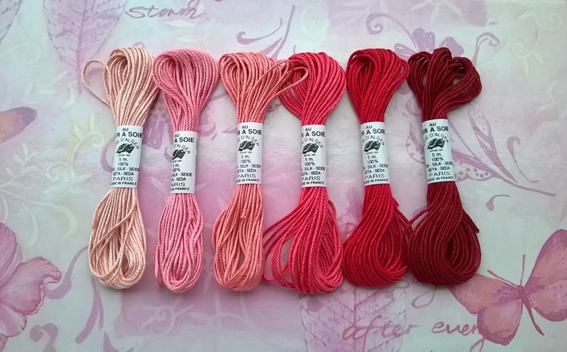 assortment of soie d'Alger Au Ver à Soie 6 shades of pink embroidery threads image 1