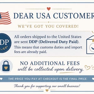 K&ouml;nnte beinhalten: Eine rechteckige Informationsgrafik mit cremefarbenem Hintergrund und blauem Rand. Sie enth&auml;lt den Text DEAR USA CUSTOMERS, WE'VE GOT YOU COVERED!, DDP (Delivered Duty Paid), NO ADDITIONAL FEES und THE PRICE YOU PAY AT CHECKOUT IS THE FINAL PRICE.