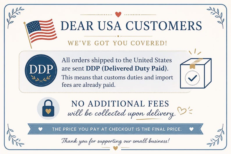 K&ouml;nnte beinhalten: Eine rechteckige Informationsgrafik mit cremefarbenem Hintergrund und blauem Rand. Sie enth&auml;lt den Text DEAR USA CUSTOMERS, WE'VE GOT YOU COVERED!, DDP (Delivered Duty Paid), NO ADDITIONAL FEES und THE PRICE YOU PAY AT CHECKOUT IS THE FINAL PRICE.