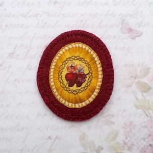 Hand embroidered medallion "Sacred Heart and Immaculate Heart of Mary" - Christian pendant - religious ex voto  - crib medal