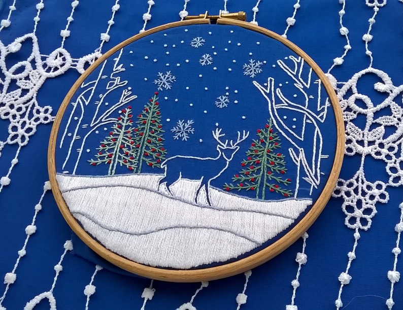 Deer snowy landscape traditional Embroidery Christmas hand Embroidery KIT christian styles hoop art needlework kit for Beginner image 6