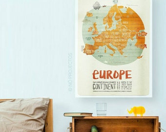 Original EUROPE Continent MAP Wall Art Printing Poster Illustration Print Drawings Graphic Design Art Work Home Decor