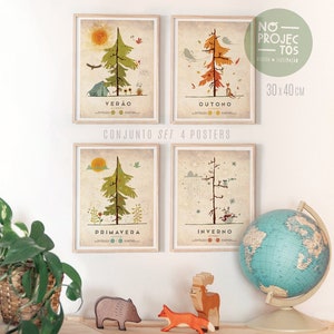 May include: Set of four illustrated posters depicting the four seasons: summer, autumn, spring, and winter. Each poster features a stylized tree with details specific to each season. The posters are framed in natural wood and measure 30 x 40 cm.