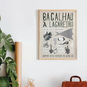 Könnte beinhalten: Ein gerahmtes Poster mit beigefarbenem Hintergrund und schwarz-weißen Illustrationen von Zutaten für ein portugiesisches Gericht namens Bacalhau à Lagareiro. Der Text auf dem Poster lautet "Bacalhau à Lagareiro" und "Kabeljau mit Kartoffeln in Olivenöl".