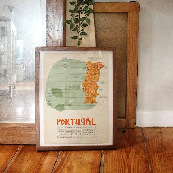 Original PORTUGAIS PORTUGAL CARTE Wall Art Impression Affiche Illustration Impression Dessins Graphic Design Art Work Home Decor