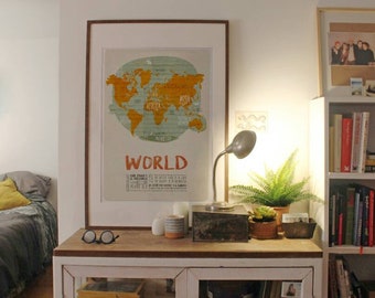 Original WORLD MAP Wall Art Printing Poster Illustration Print Drawings Graphic Design Art Work Home Decor