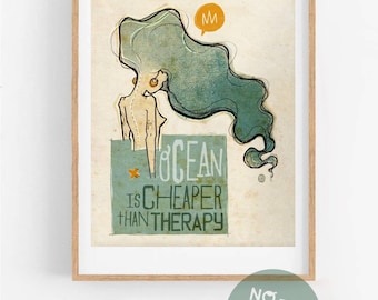 Original OCEAN THERAPY Funny Quotes Wall Art Printing Poster Illustration Print Graphic Art Work Home Decor