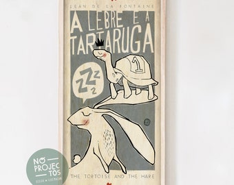 De fabels van La Fontaine AESOP De schildpad en de haas Muurkunst Afdrukken Poster Illustratie Print Tekeningen Grafisch Ontwerp Kunstwerk Home Decor