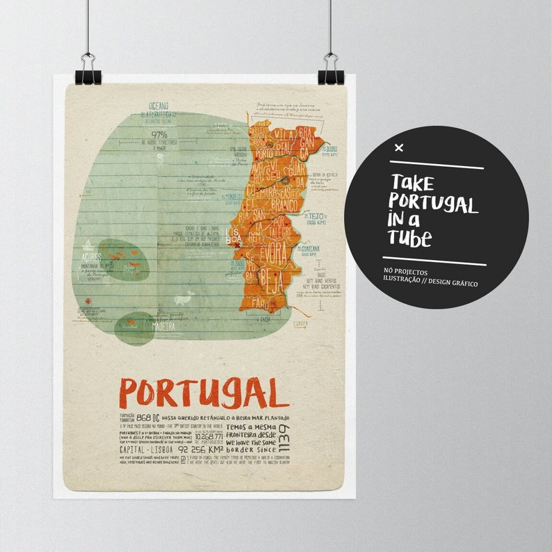May include: A vintage-style poster with a map of Portugal in orange and green. The poster has the text "Take Portugal in a Tube" and "No Projectos Ilustra&ccedil;&atilde;o // Design Gr&aacute;fico".