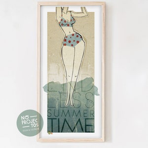 Pode incluir: Uma ilustração emoldurada de uma mulher em um maiô de bolinhas azuis e vermelhas em pé em frente a um fundo de aquarela azul e verde. O texto "Endless Summer Time" está impresso abaixo da mulher.