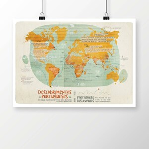 May include: A vintage-style world map with a yellow and orange colour scheme, highlighting Portuguese discoveries. The map includes text in Portuguese and English, including the phrase "Portuguese Discoveries".