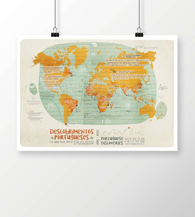May include: A vintage-style world map with a yellow and orange colour scheme, highlighting Portuguese discoveries. The map includes text in Portuguese and English, including the phrase "Portuguese Discoveries".