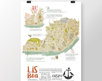 Original PORTUGAL LISBON MAP Wall Art Printing Poster Illustration Print Drawings Graphic Design Art Work Home Decor