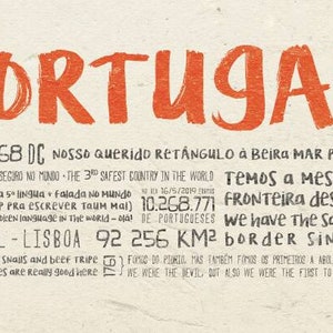 May include: A red and white graphic with the word "PORTUGAL" in large, bold, orange letters. The graphic includes information about Portugal, including its founding date, population, and capital city. The text is in both Portuguese and English.