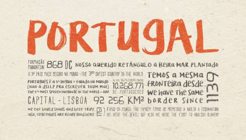 May include: A red and white graphic with the word "PORTUGAL" in large, bold, orange letters. The graphic includes information about Portugal, including its founding date, population, and capital city. The text is in both Portuguese and English.