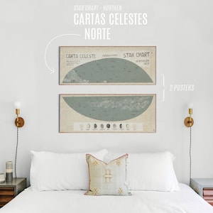 Pode incluir: Dois mapas estelares emoldurados, um intitulado "Carta Celeste" e o outro "Star Chart - Northern Sky", pendurados acima de uma cama branca com um travesseiro branco e um travesseiro estampado. O texto "2 Posters" está escrito em branco sobre um fundo branco à direita dos mapas.