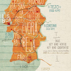 May include: A stylized map of Portugal with the names of major cities and rivers labeled in white text. The map is drawn on a light blue background with a grid pattern. The map is colored in orange and yellow.