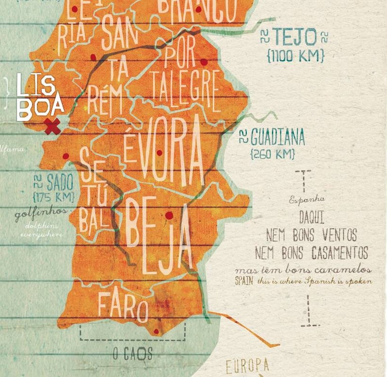 May include: A stylized map of Portugal with the names of major cities and rivers labeled in white text. The map is drawn on a light blue background with a grid pattern. The map is colored in orange and yellow.