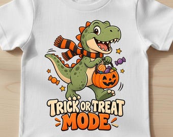 Trick or Treat Mode Kids Halloween T-Shirt, Dinosaur Pumpkin Candy Bucket Shirt 16