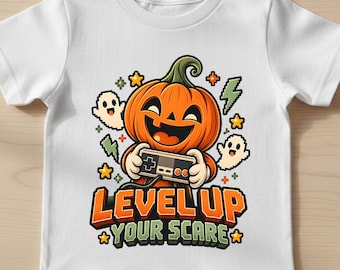 Level Up Your Scare Kids Halloween T-Shirt, Gamer Pumpkin Gaming Shirt 15