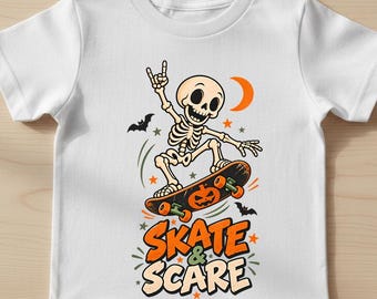 Skate and Scare Kids Halloween T-Shirt, Skeleton Skateboard Spooky Shirt 14