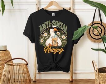 Anti Social Hungry Goose T-Shirt, Funny Coffee Goose Tee, Retro Animal Graphic Top, Introvert Shirt, Cute Sarcastic Gift