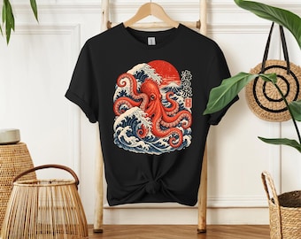 Japanese Octopus T-Shirt, Retro Ocean Wave Tee, Mount Fuji Graphic Shirt, Vintage Japan Art Top, Sea Life Gift