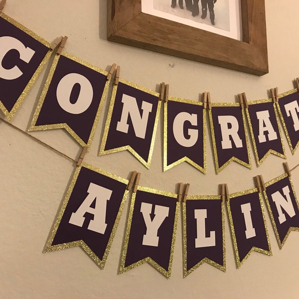 Congratulations Banner | gold glitter, dark purple with white letters | Party Banner | Custom Banner | Special Occasion | Graduation Decorat