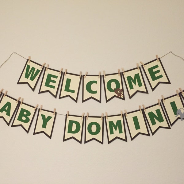 Welcome Baby Banner | Baby Shower Banner | Jungle Safari Theme | Brown, Cream and Green | Custom Banner | Jungle Animals | Party Decoration