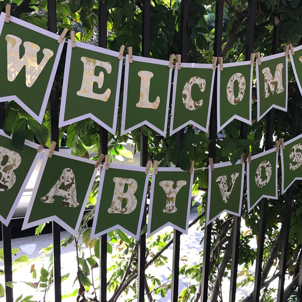 Welcome Baby Banner | All Occasion Banner | Sage Green white with gold foil wild animal Letters | Party | Baby Shower | Gender neutral