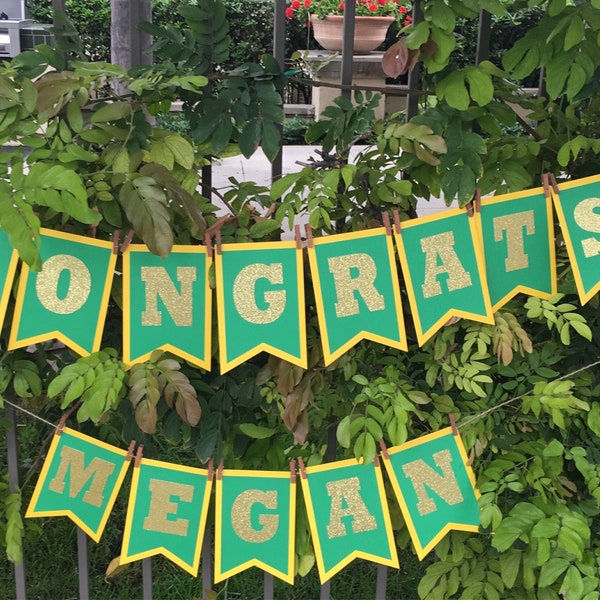 Congratulations Banner | Yellow green and Glitter Gold | Party Banner | Custom Banner | Special Occasion | Graduation Decoration | Grad