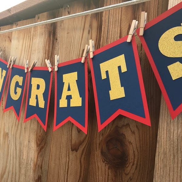 Congrats Banner | Navy Red and Glitter Gold | Party Banner | Custom Banner | Special Occasion | Graduation Decoration | Grad Banner