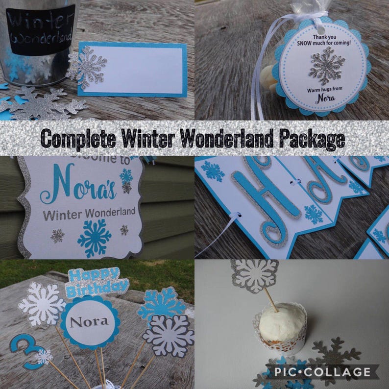 Paquete para fiesta de invierno mágico, decoración de Frozen, invierno mágico, primer cumpleaños, pancarta de Frozen, pancarta de copos de nieve imagen 1