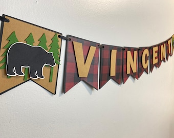 Guirnalda con el nombre de Leñador, Guirnalda a cuadros de búfalo, Guirnalda del Salvaje, Cumpleaños de Leñador, Oso del bosque, Fiesta en la naturaleza.