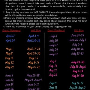 The image is a shipping schedule for April 2021- September 2021, providing a detailed breakdown of the shipping dates and times for various events.