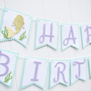 Mermaid Banner, Mermaid Happy Birthday Banner, Under the Sea Banner, Mermaid Party, Little Mermaid, purple, teal, gold image 1