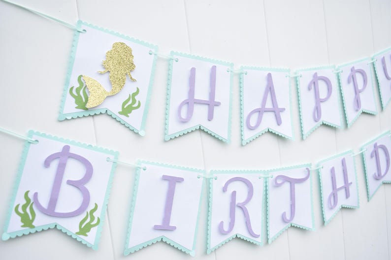 Mermaid Banner, Mermaid Happy Birthday Banner, Under the Sea Banner, Mermaid Party, Little Mermaid, purple, teal, gold image 1