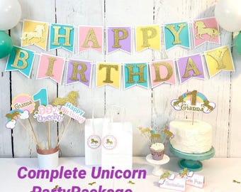 Paquete para fiesta de unicornios, Decoraciones para fiesta de unicornios, Pancarta de unicornios, Decoraciones para cumpleaños de unicornios