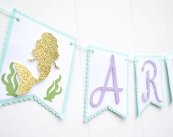 Guirnalda con nombre de sirena, Guirnalda de sirena, Guirnalda con nombre bajo el mar, Decoraciones para fiesta de sirenas, Decoraciones bajo el mar, morado y verde azulado