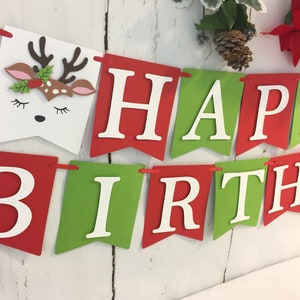 Reindeer Happy Birthday Banner, Reindeer Banner, Christmas Birthday Banner, Christmas Birthday Decorations, Merry Birthday, Red and Green