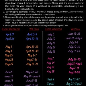 The image is a shipping schedule for April 2021- September 2021, providing a detailed breakdown of the shipping dates and times for various events.