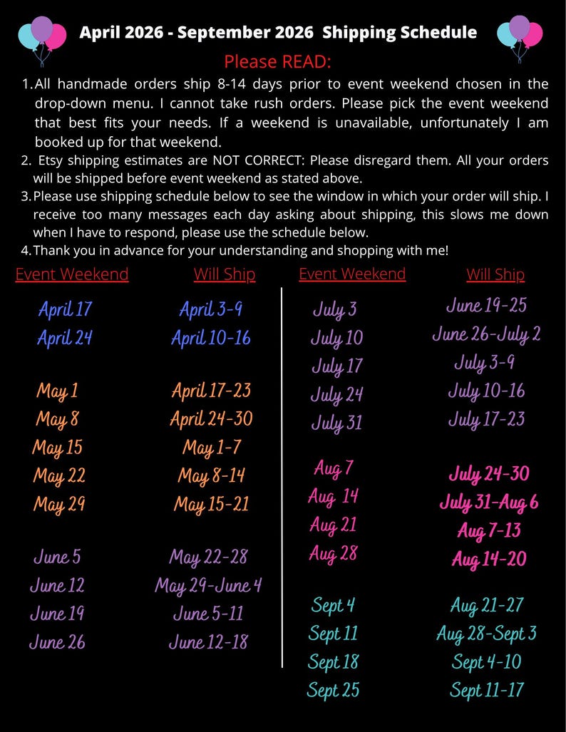 The image is a shipping schedule for April 2021- September 2021, providing a detailed breakdown of the shipping dates and times for various events.