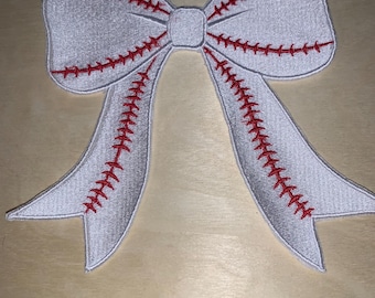 White and red baseball themed side split bow|  Iron on Patch | viral bow |