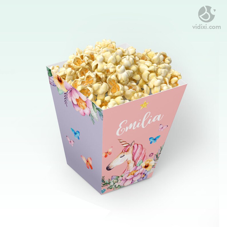 DIY baby shower unicorn favor box Floral unicorn birthday party decor Editable template UNI Unicorn popcorn box printable