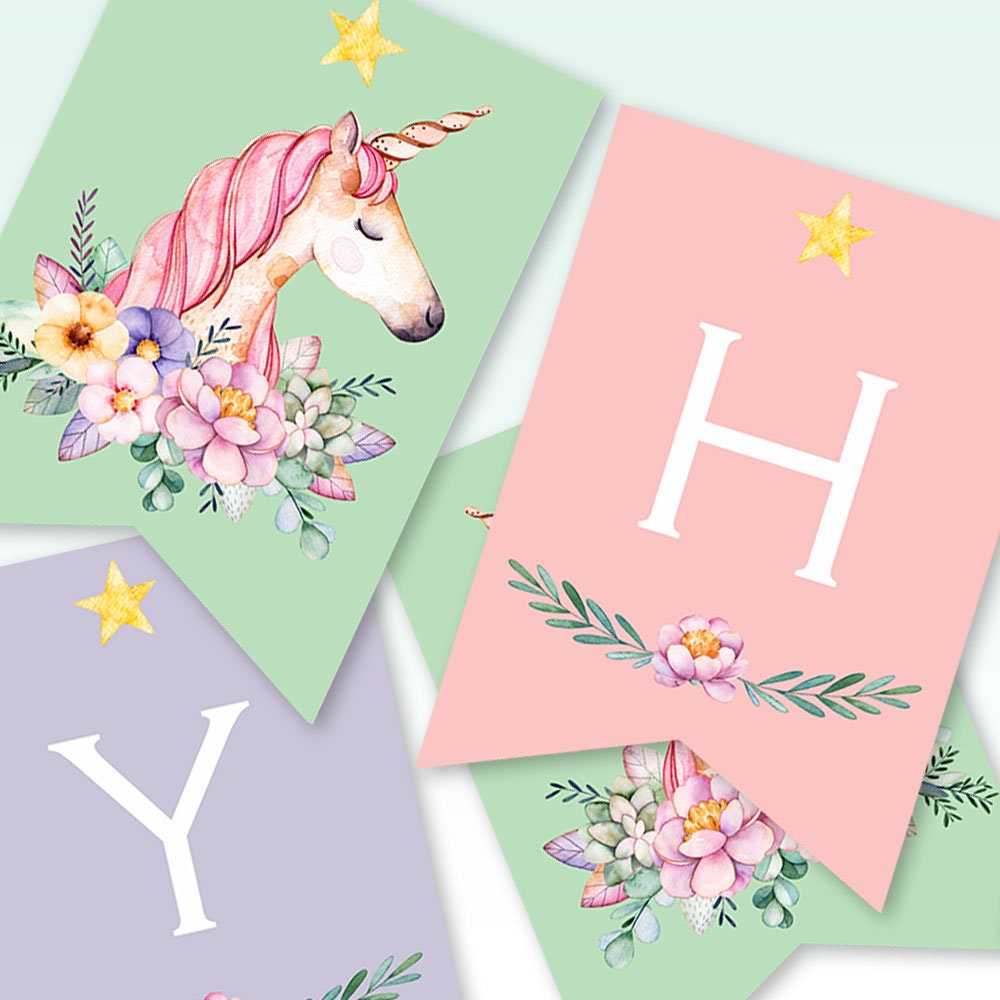 unicorn birthday banner printable template floral baby etsy