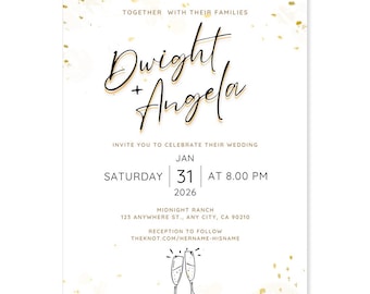White & Gold Champagne Wedding Invitation, Elegant Birthday Invite, Canva Template (Digital Download)