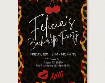 Cheetah Cherry Bachelorette Invitation, Girls Night Out, Canva Template (Digital Download)